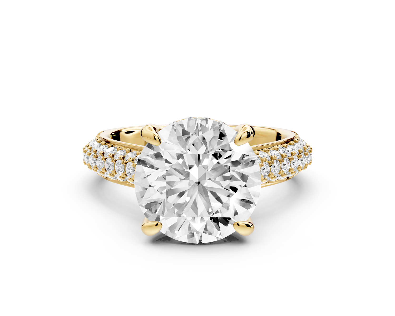 Camille - 4ct 14k yellow gold round Diamond hidden halo rollover pave cathedral engagment ring