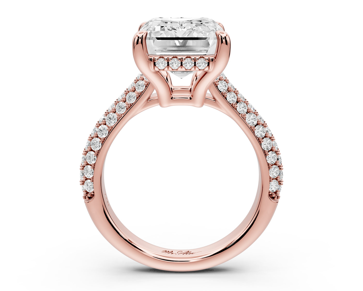 Camille - 5ct 14k rose gold emerald Diamond hidden halo rollover pave cathedral Engagement ring