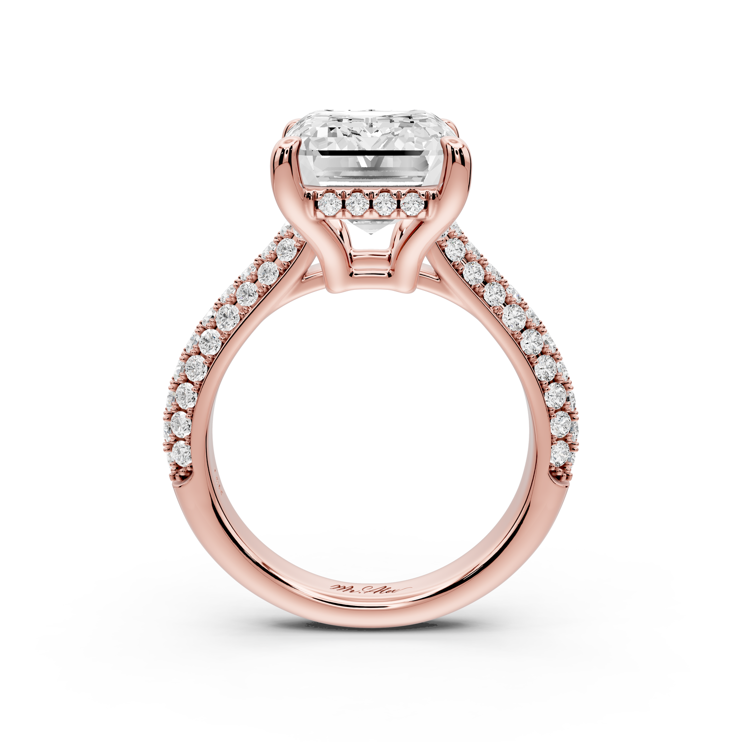 Camille - 5ct 14k rose gold emerald Diamond hidden halo rollover pave cathedral Engagement ring