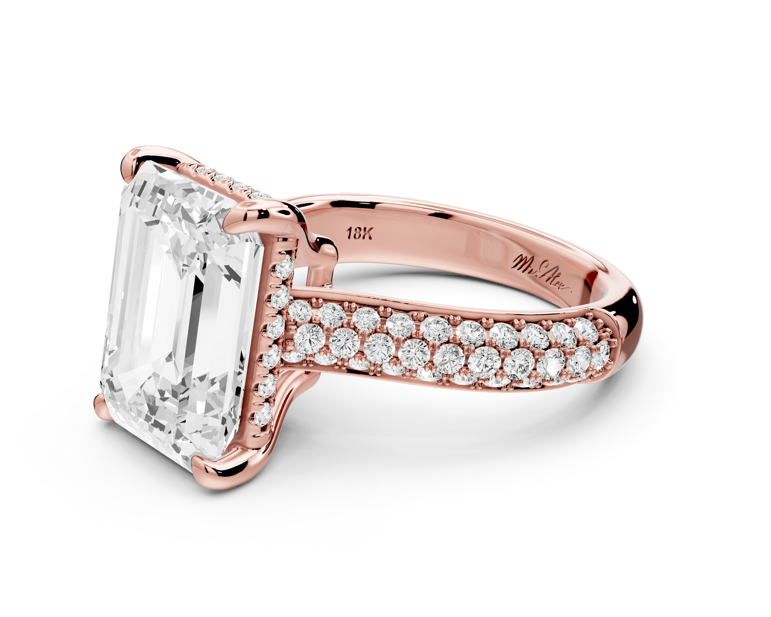 Camille - 5ct 14k rose gold emerald Diamond hidden halo rollover pave cathedral Engagement ring