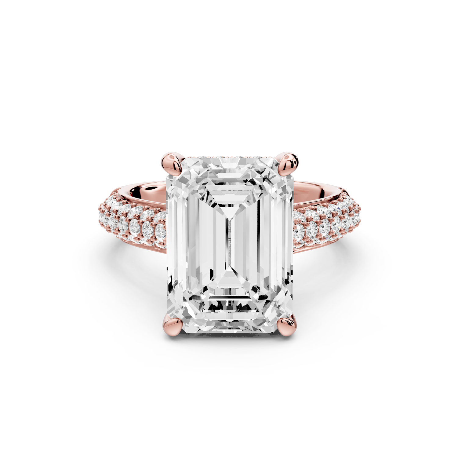 Camille - 5ct 14k rose gold emerald Diamond hidden halo rollover pave cathedral Engagement ring
