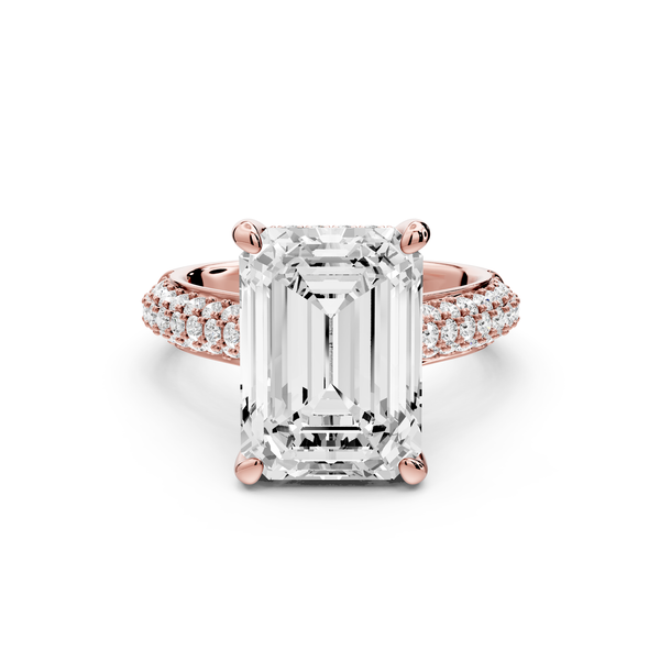 Camille - 5ct 14k rose gold emerald Diamond hidden halo rollover pave cathedral Engagement ring