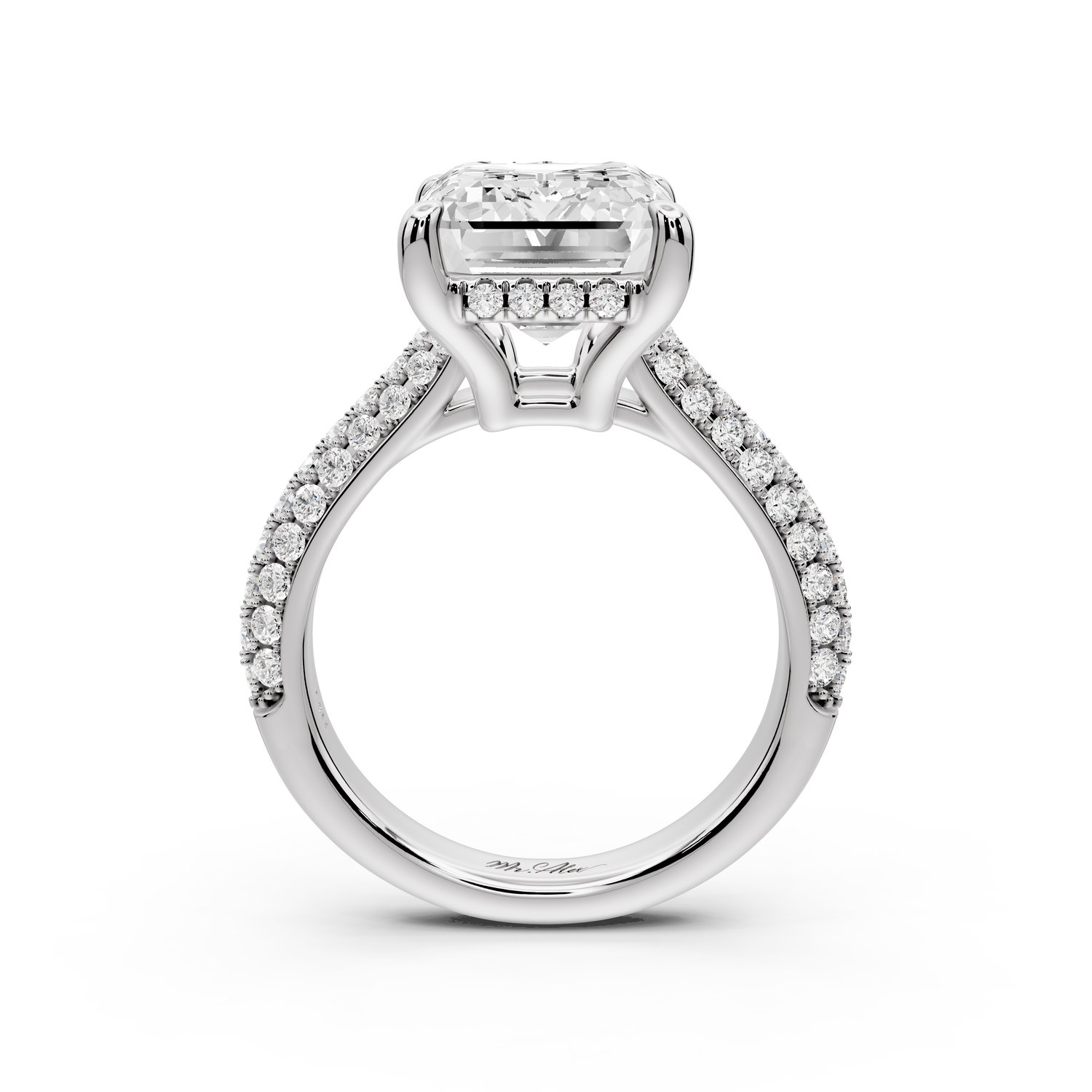 Camille - 5ct 14k white gold emerald Diamond hidden halo rollover pave cathedral Engagement ring