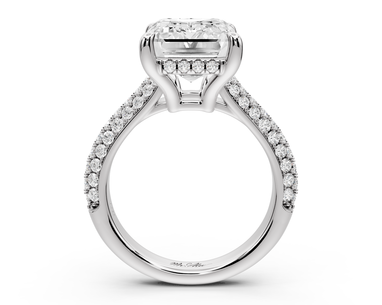 Camille - 5ct 18k white gold emerald Diamond hidden halo rollover pave cathedral Engagement ring