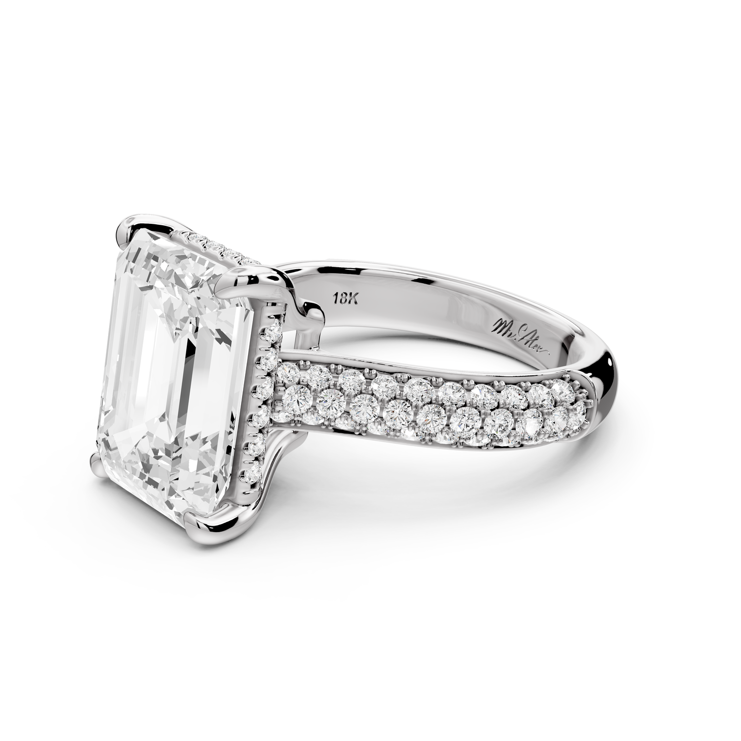 Camille - 5ct 14k white gold emerald Diamond hidden halo rollover pave cathedral Engagement ring