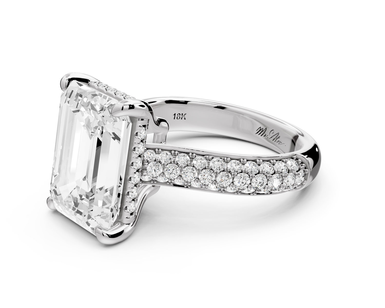 Camille - 5ct platinum emerald Diamond hidden halo rollover pave cathedral Engagement ring