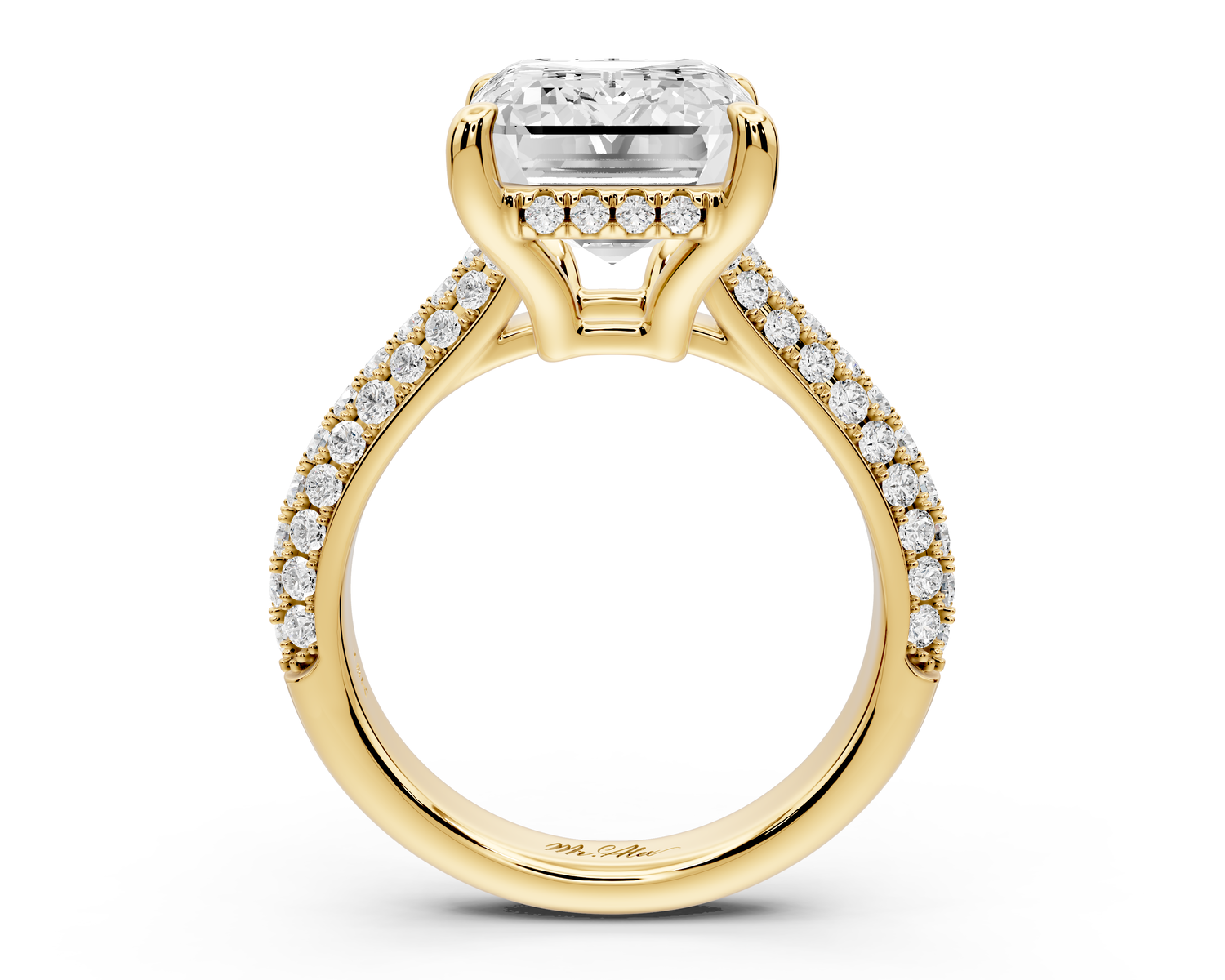 Camille - 5ct 18k yellow gold emerald Diamond hidden halo rollover pave cathedral Engagement ring