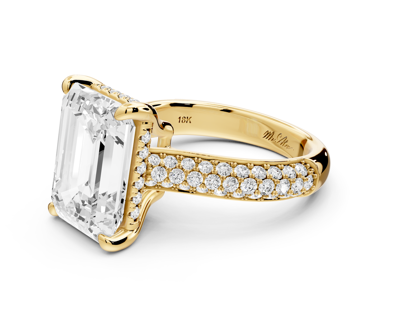 Camille - 5ct 18k yellow gold emerald Diamond hidden halo rollover pave cathedral Engagement ring