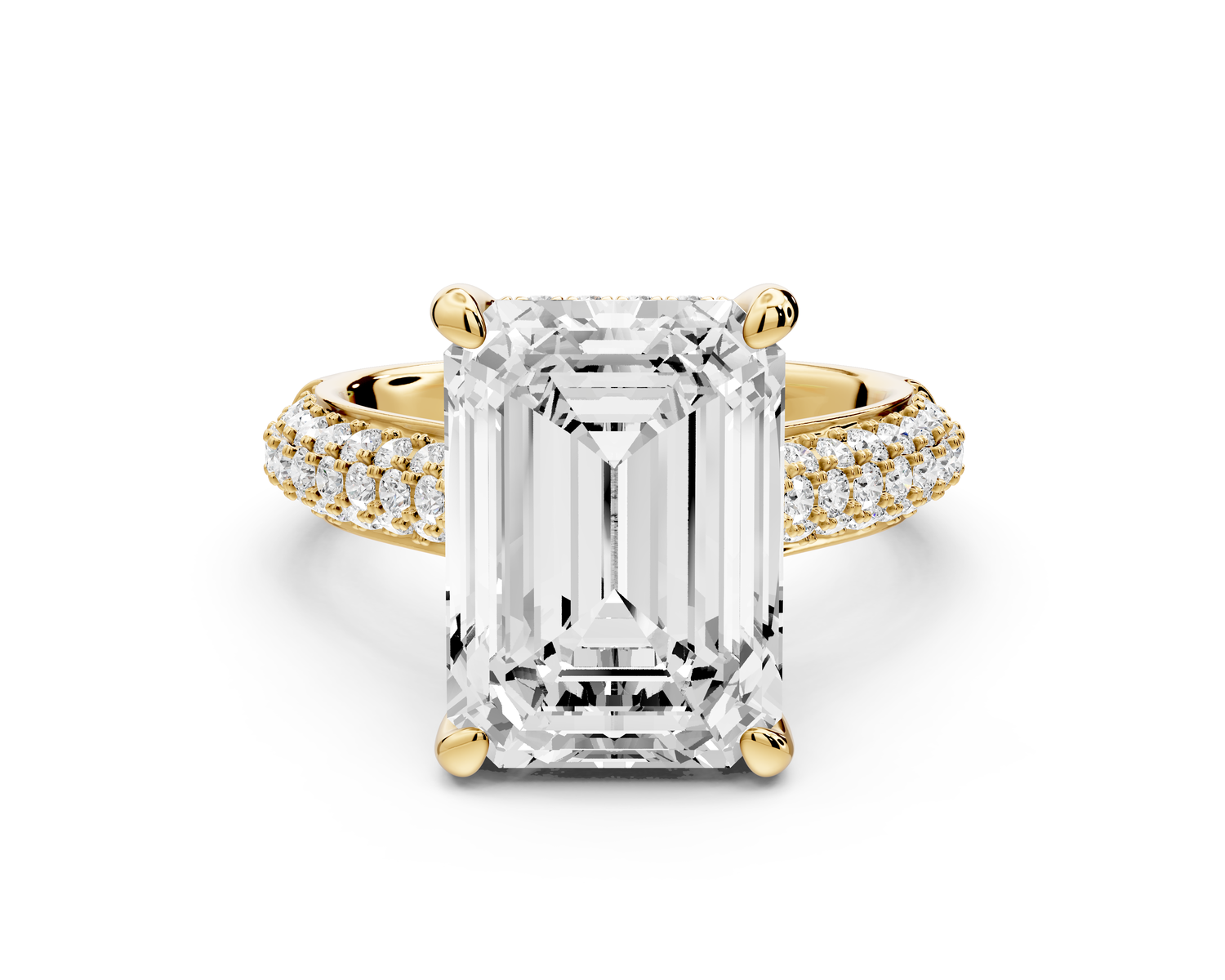 Camille - 5ct 18k yellow gold emerald Diamond hidden halo rollover pave cathedral Engagement ring