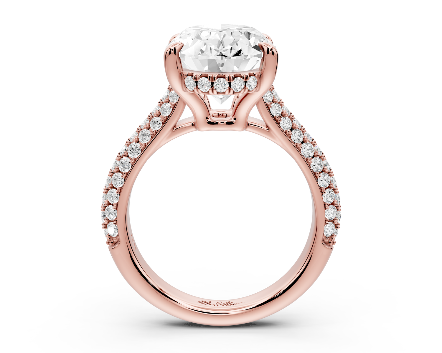 Camille - 5ct 14k rose gold oval Diamond hidden halo rollover pave cathedral Engagement ring