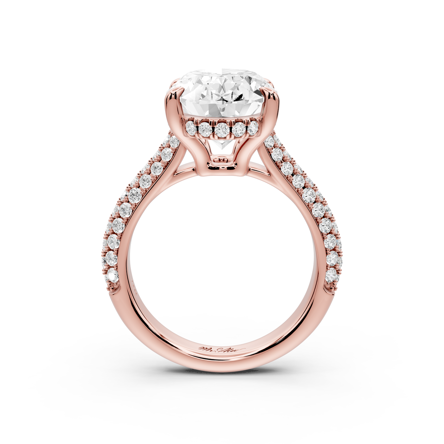 Camille - 5ct 14k rose gold oval Diamond hidden halo rollover pave cathedral Engagement ring