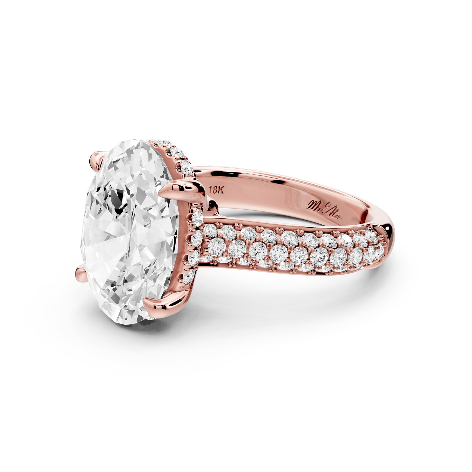 Camille - 5ct 14k rose gold oval Diamond hidden halo rollover pave cathedral Engagement ring