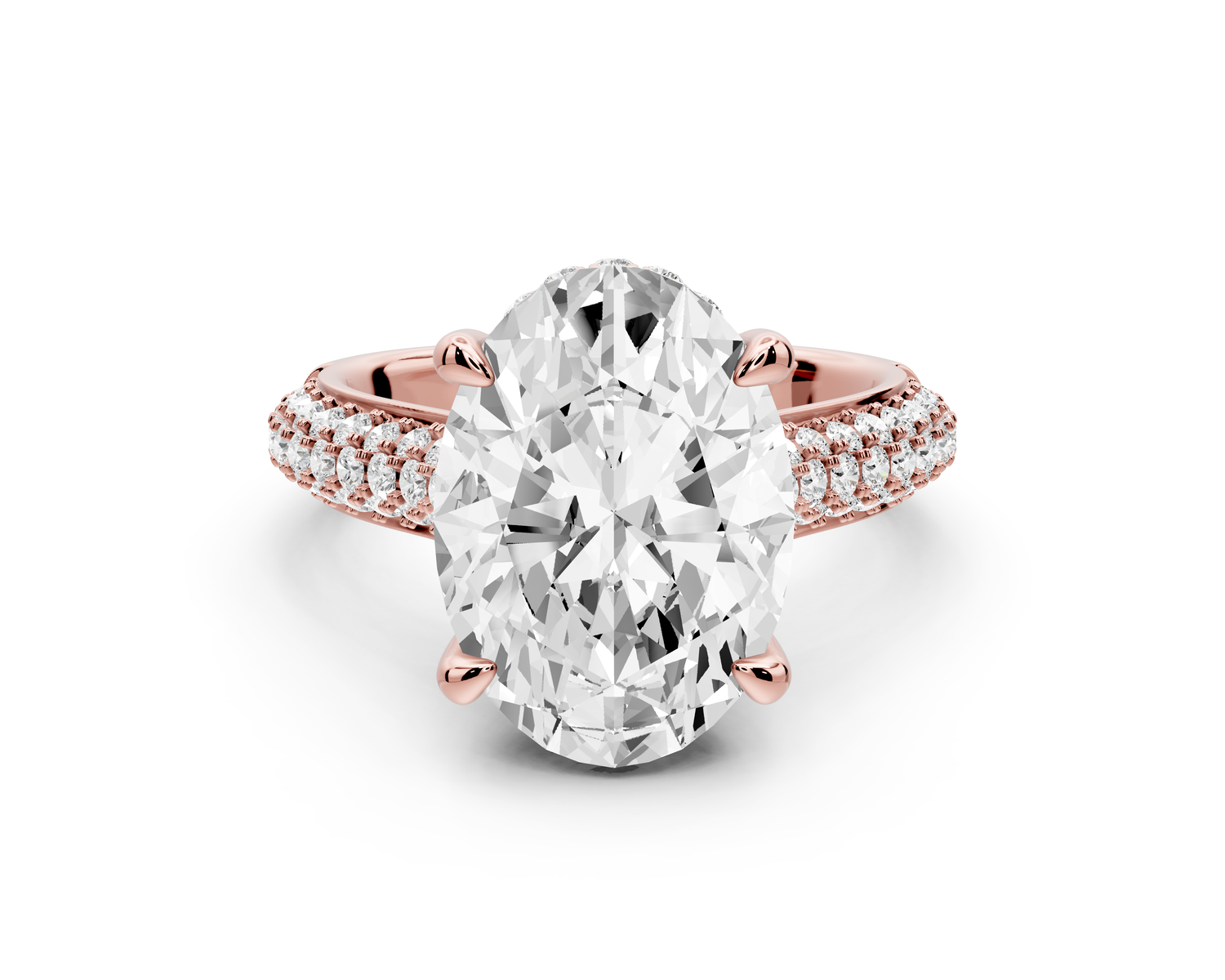 Camille - 5ct 14k rose gold oval Diamond hidden halo rollover pave cathedral Engagement ring