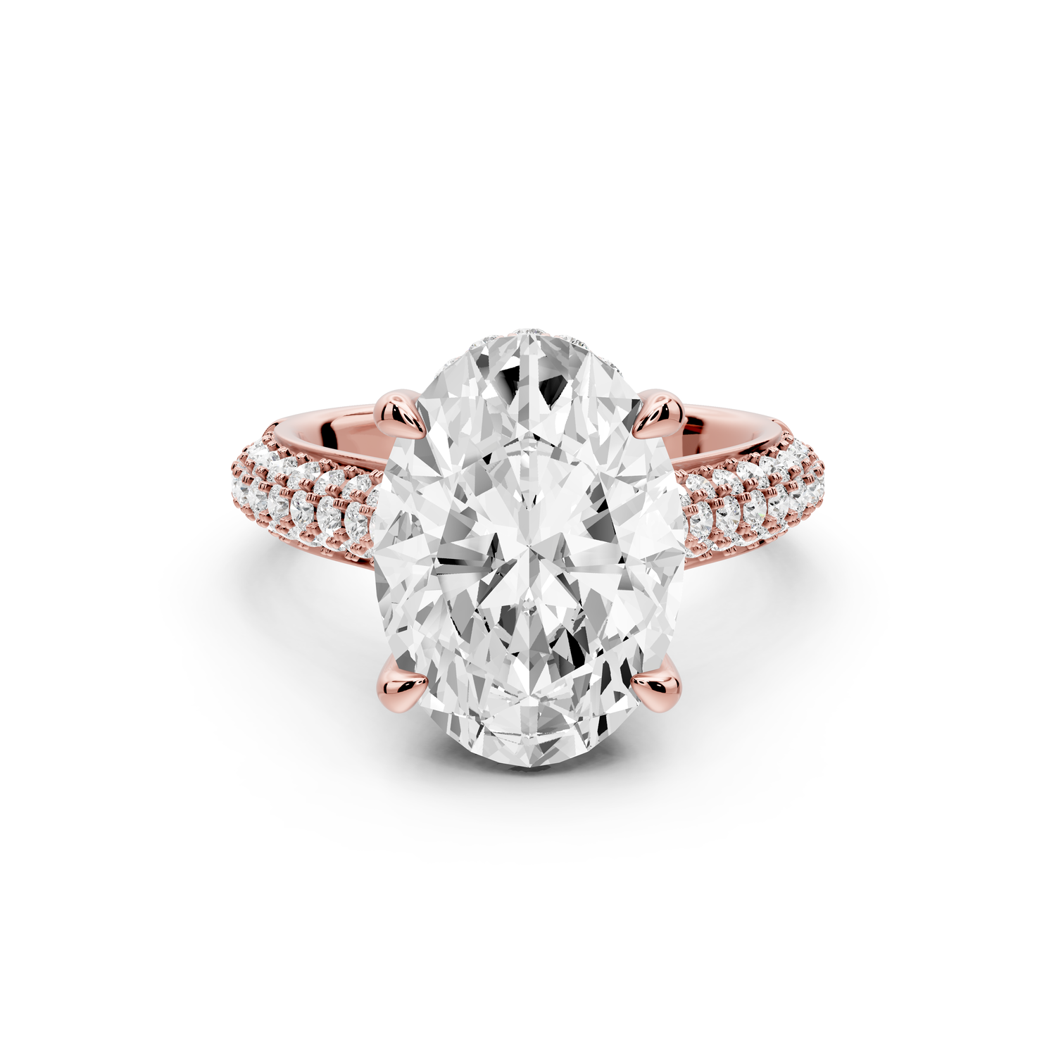 Camille - 5ct 14k rose gold oval Diamond hidden halo rollover pave cathedral Engagement ring