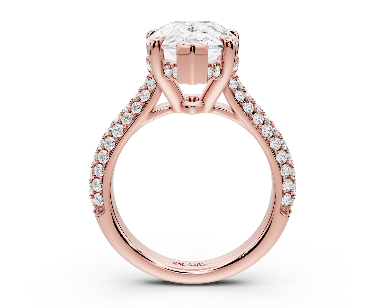 Camille - 5ct 14k rose gold pear Diamond hidden halo rollover pave cathedral Engagement ring