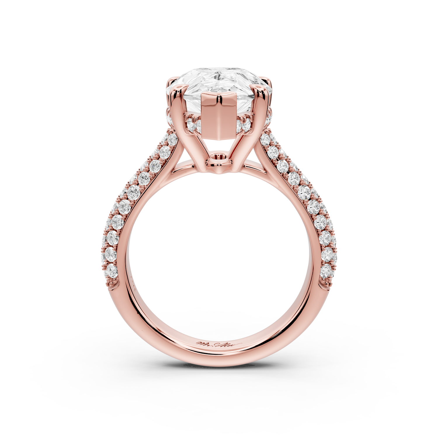 Camille - 5ct 14k rose gold pear Diamond hidden halo rollover pave cathedral Engagement ring