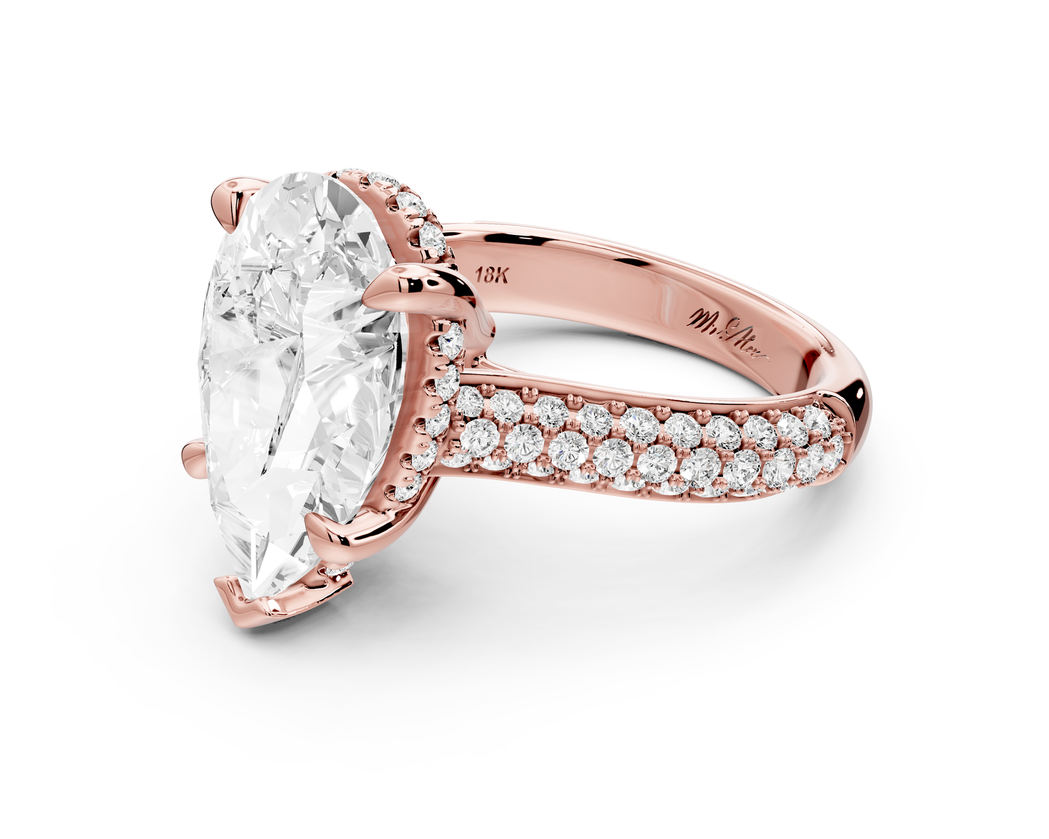 Camille - 5ct 14k rose gold pear Diamond hidden halo rollover pave cathedral Engagement ring