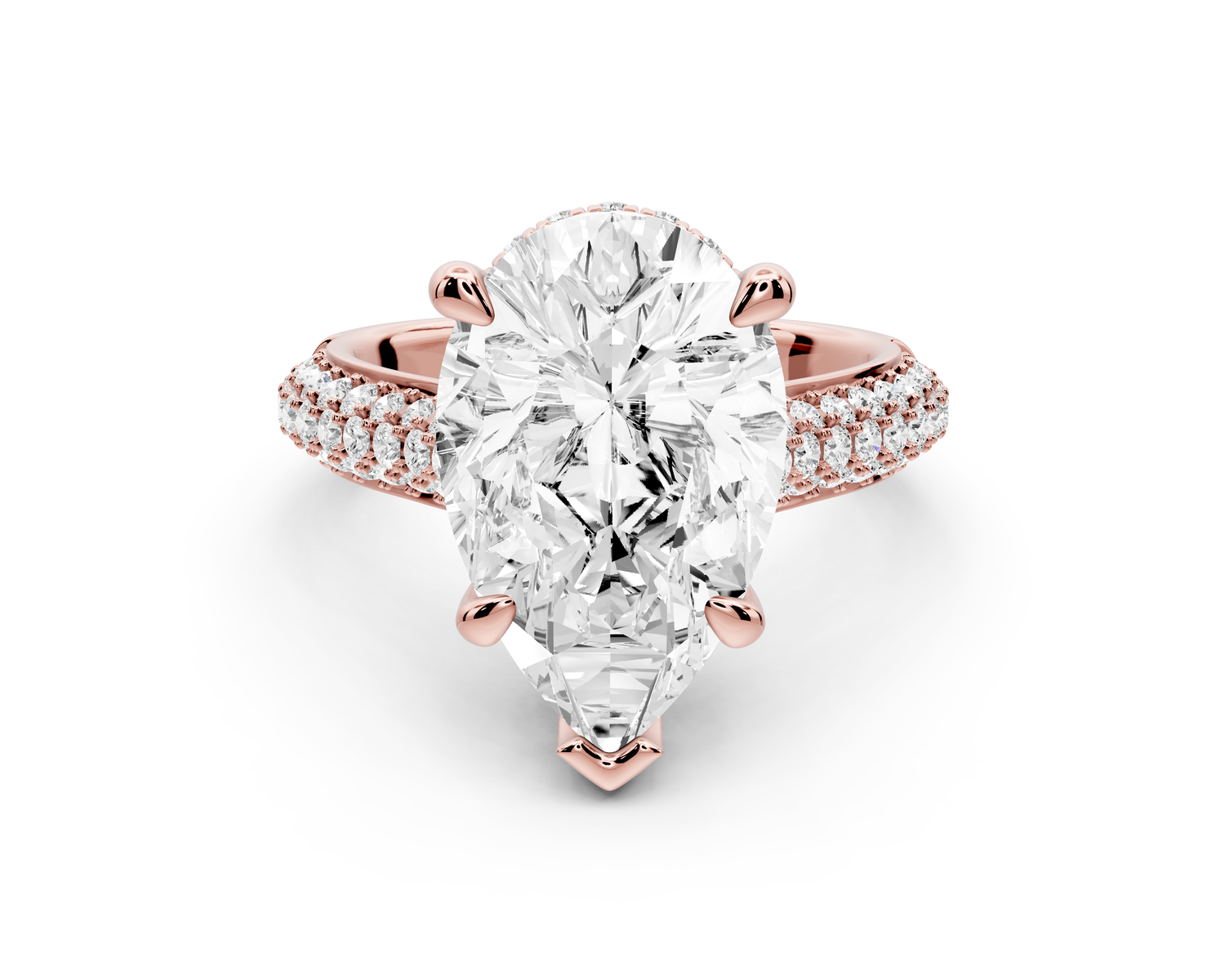 Camille - 5ct 14k rose gold pear Diamond hidden halo rollover pave cathedral Engagement ring