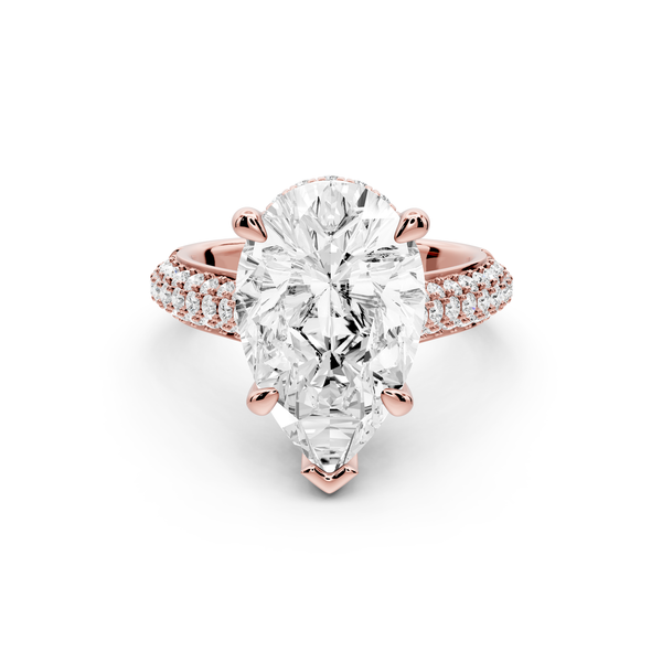 Camille - 5ct 14k rose gold pear Diamond hidden halo rollover pave cathedral Engagement ring