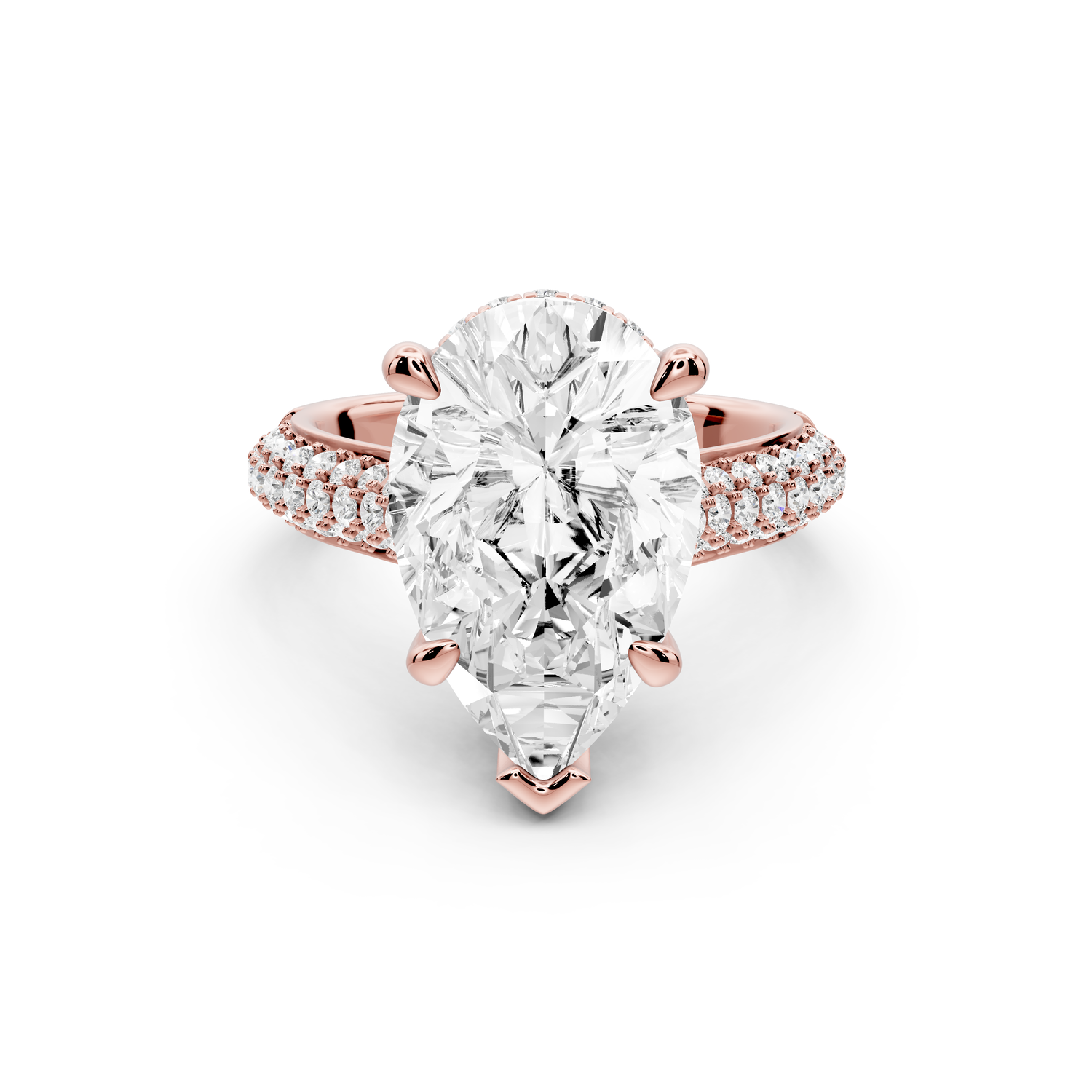 Camille - 5ct 18k rose gold pear Diamond hidden halo rollover pave cathedral Engagement ring