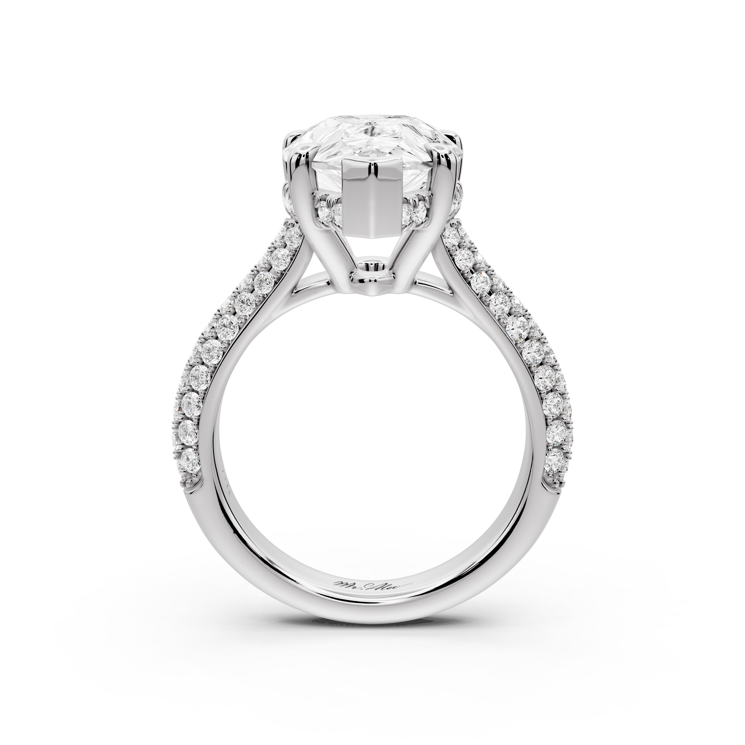 Camille - 5ct 14k white gold pear Diamond hidden halo rollover pave cathedral Engagement ring
