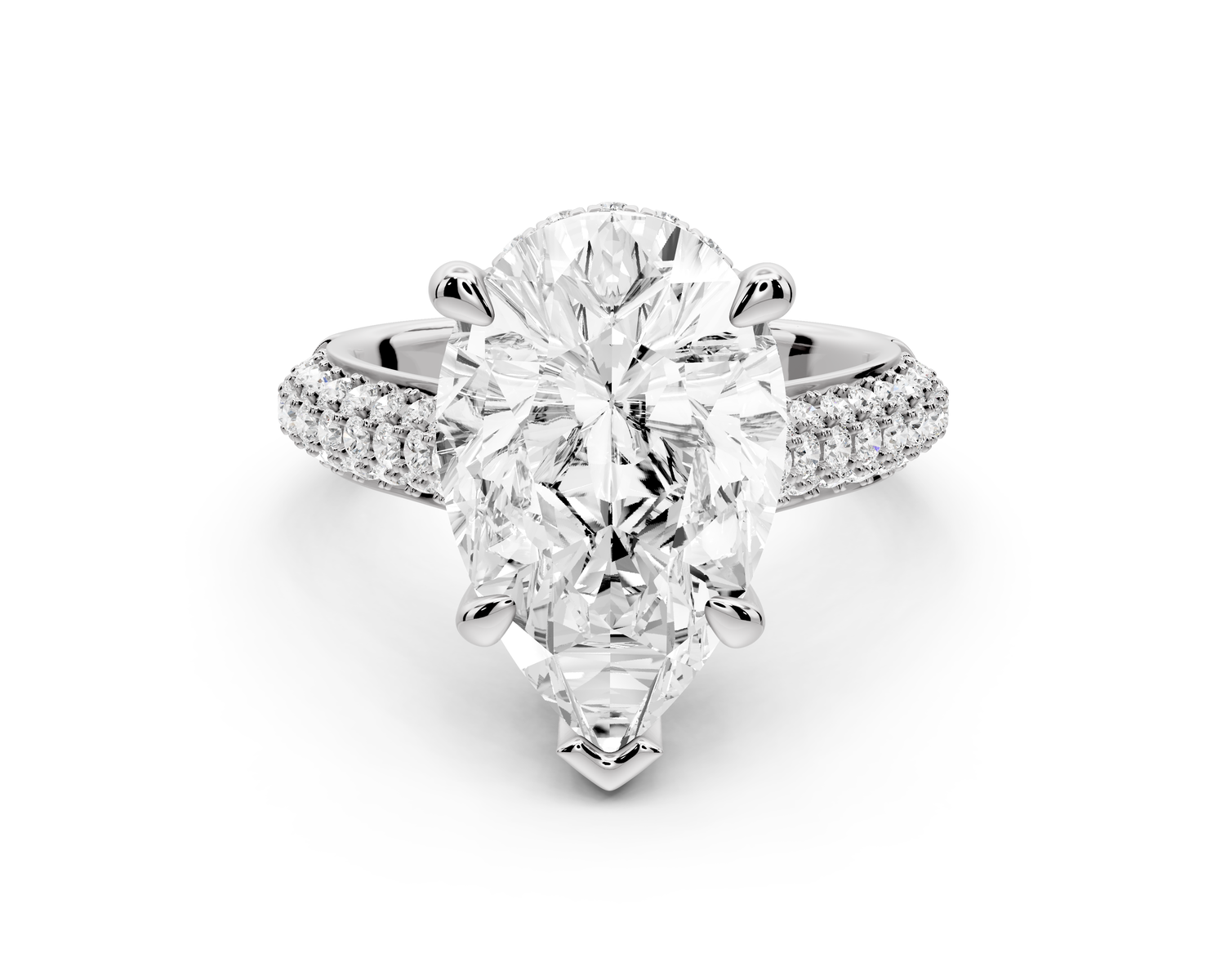 Camille - 5ct 14k white gold pear Diamond hidden halo rollover pave cathedral Engagement ring