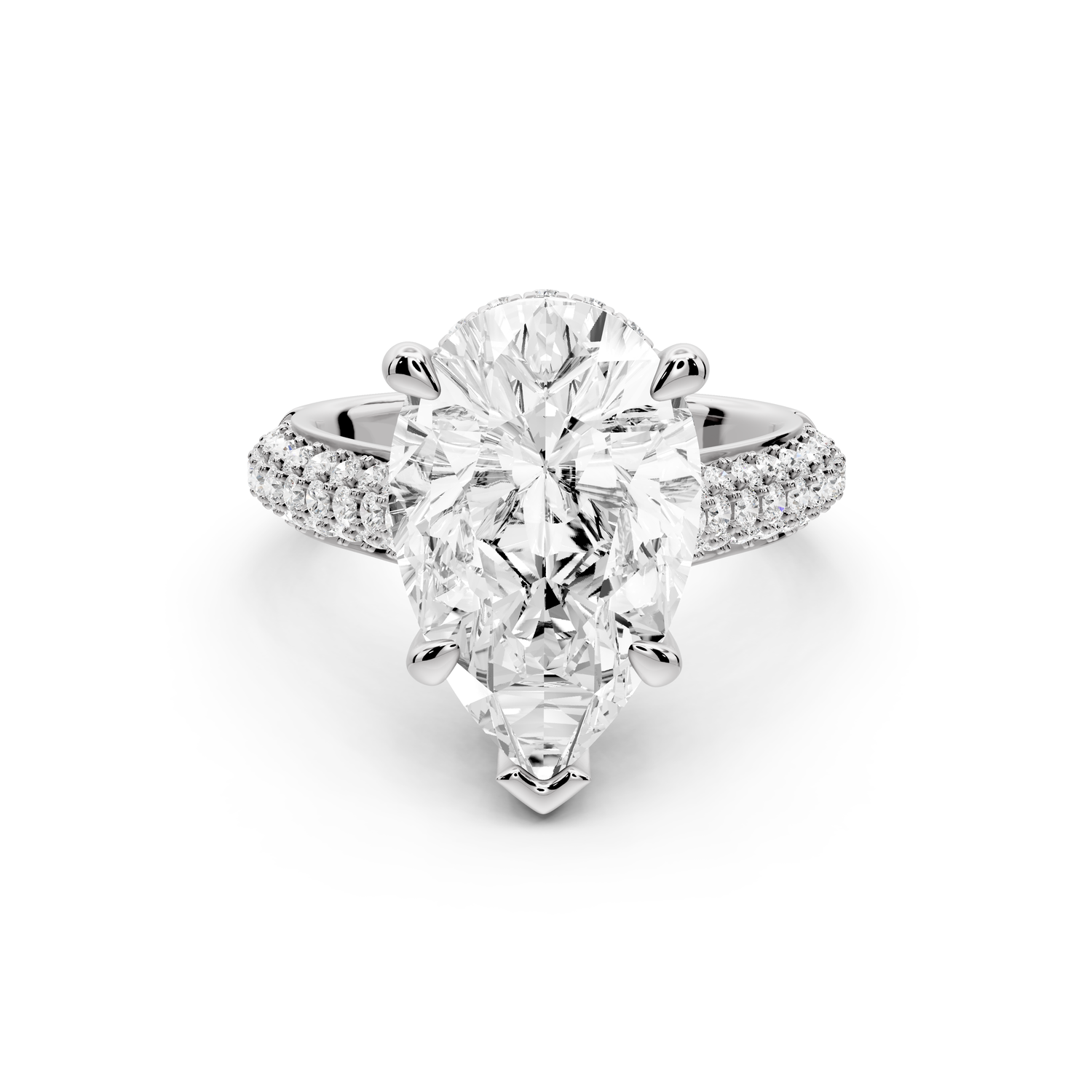 Camille - 5ct 18k white gold pear Diamond hidden halo rollover pave cathedral Engagement ring