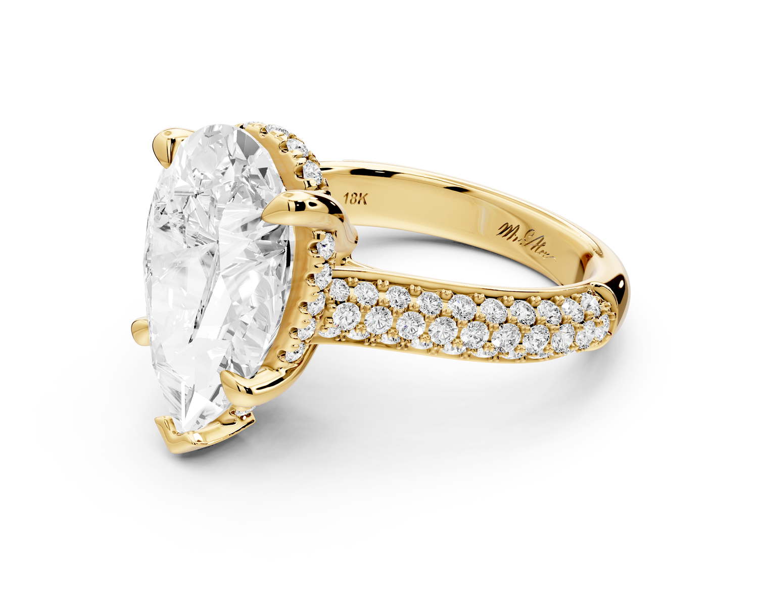 Camille - 5ct 14k yellow gold pear Diamond hidden halo rollover pave cathedral Engagement ring