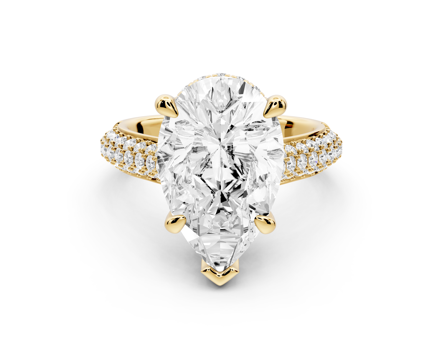 Camille - 5ct 14k yellow gold pear Diamond hidden halo rollover pave cathedral Engagement ring