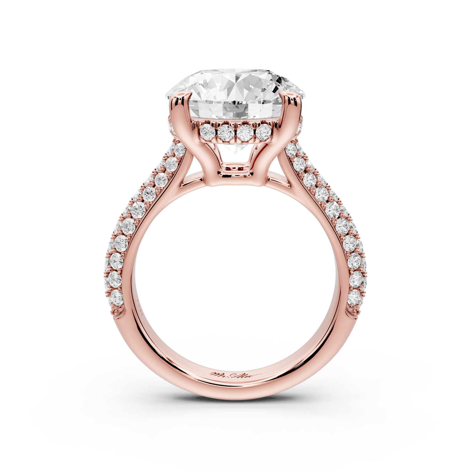 Camille - 5ct 14k rose gold round Diamond hidden halo rollover pave cathedral engagment ring