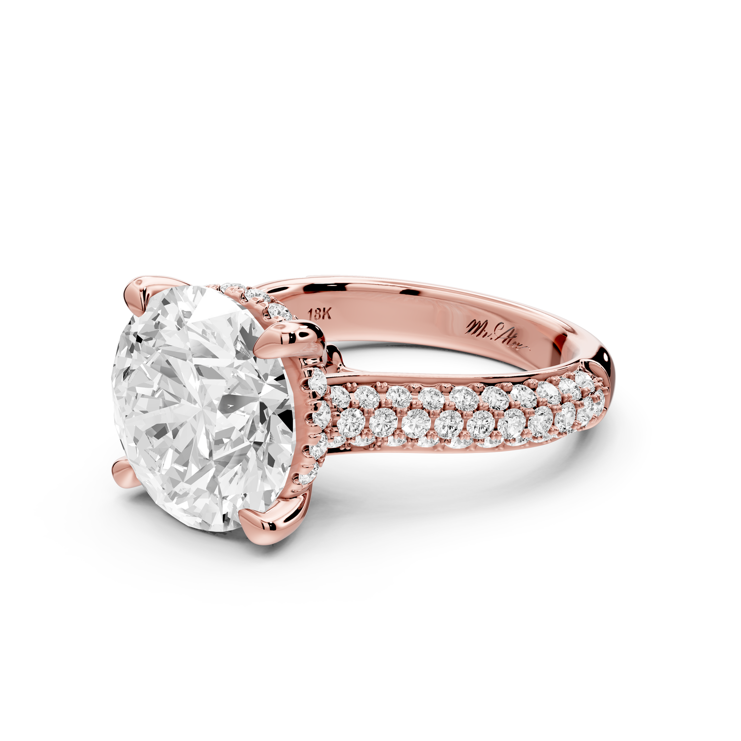 Camille - 5ct 14k rose gold round Diamond hidden halo rollover pave cathedral engagment ring