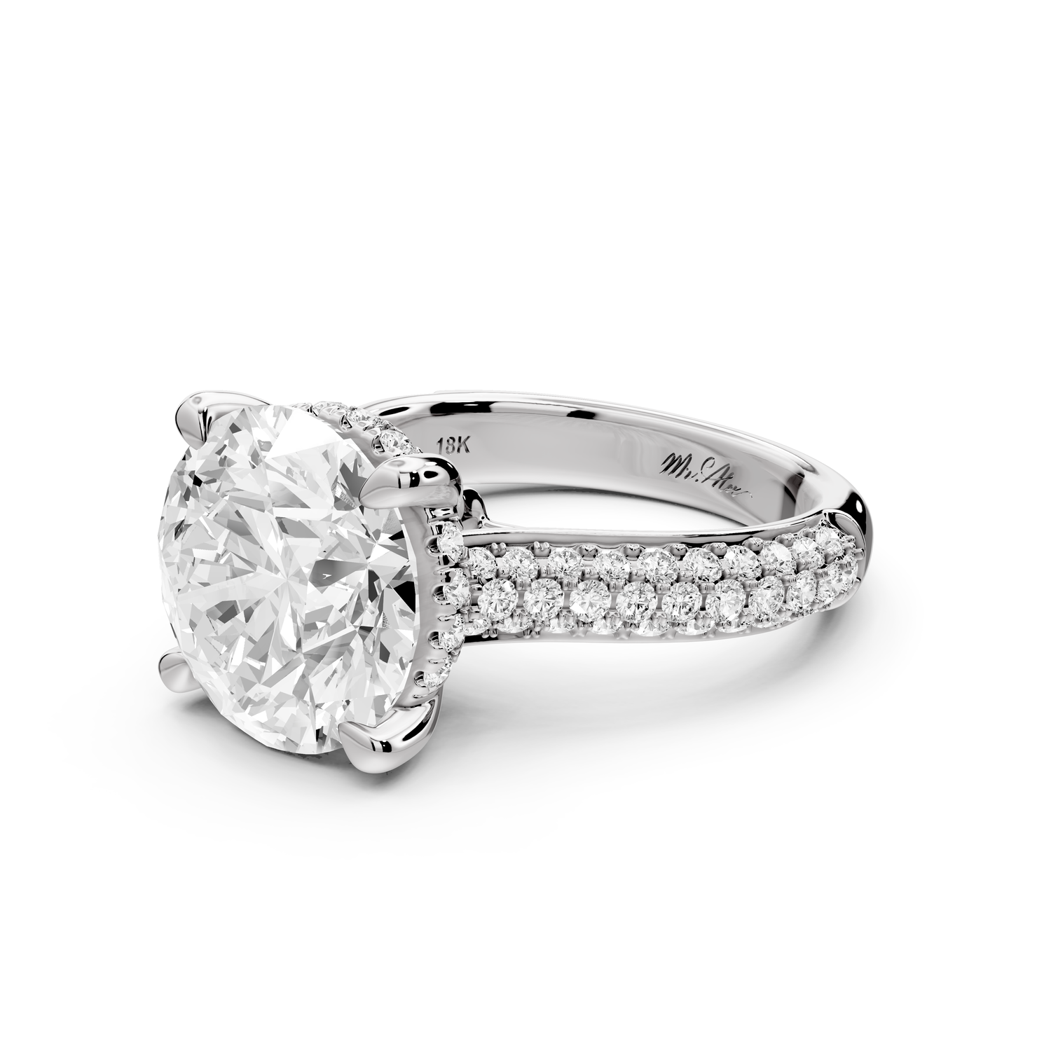 Camille - 5ct 14k white gold round Diamond hidden halo rollover pave cathedral engagment ring