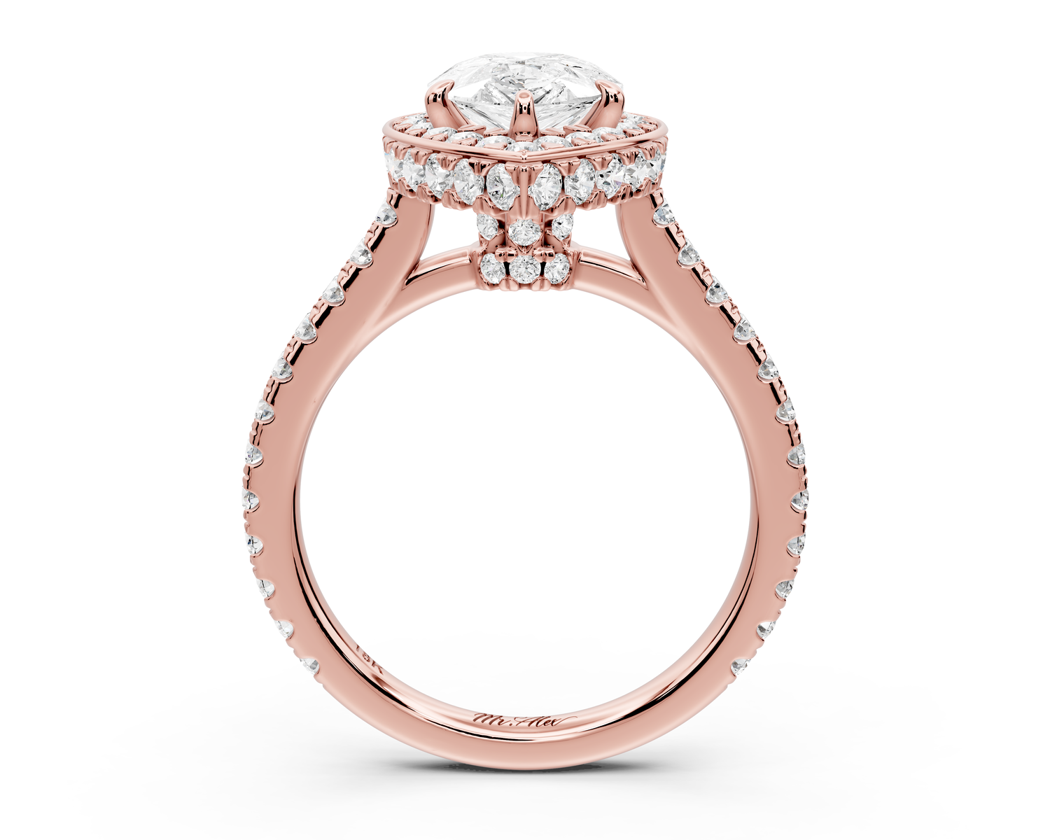 Beatrice - 2ct 14k rose gold pear stone in rollover halo with diamond bridge and pavé engagement ring