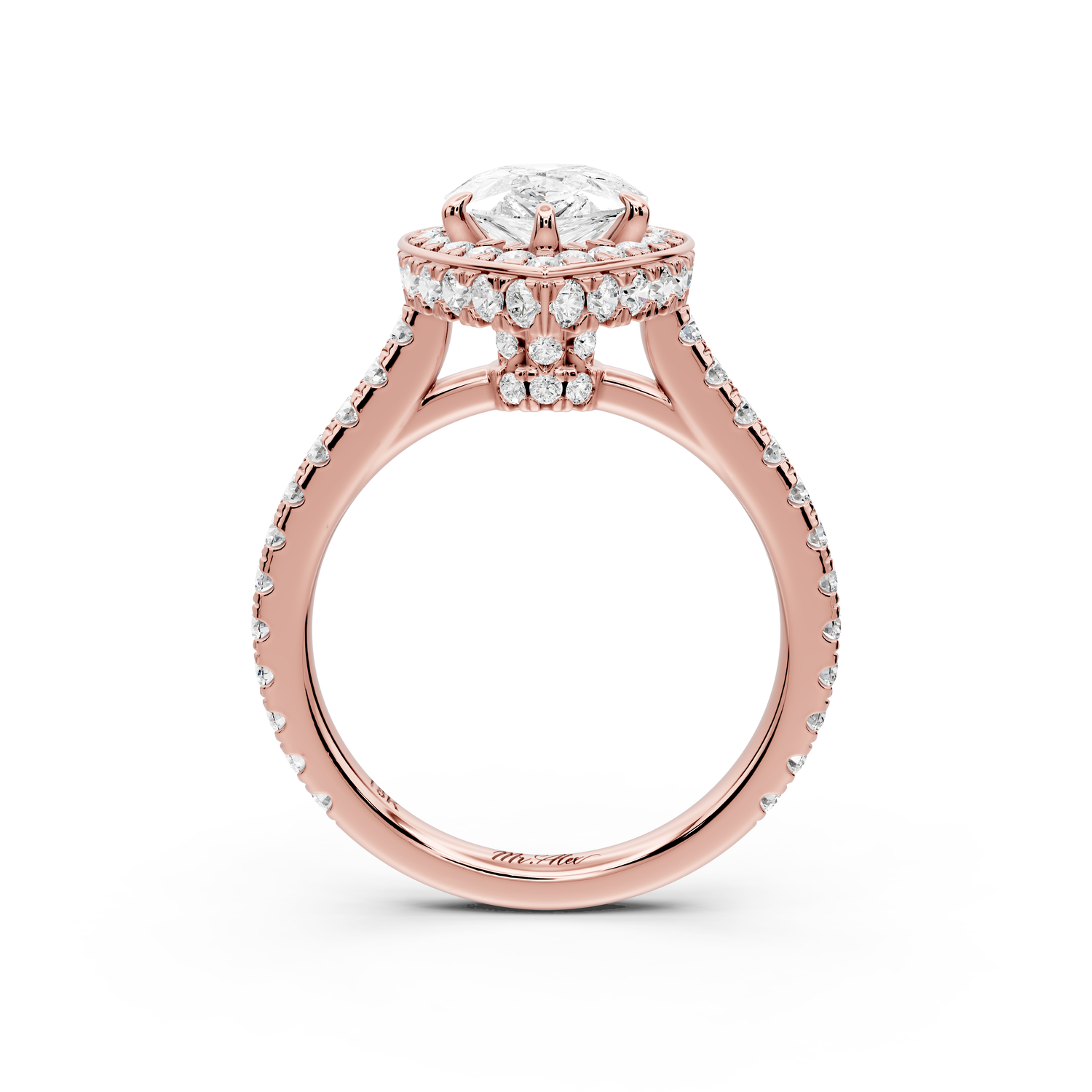 Beatrice - 2ct 14k rose gold pear stone in rollover halo with diamond bridge and pavé engagement ring