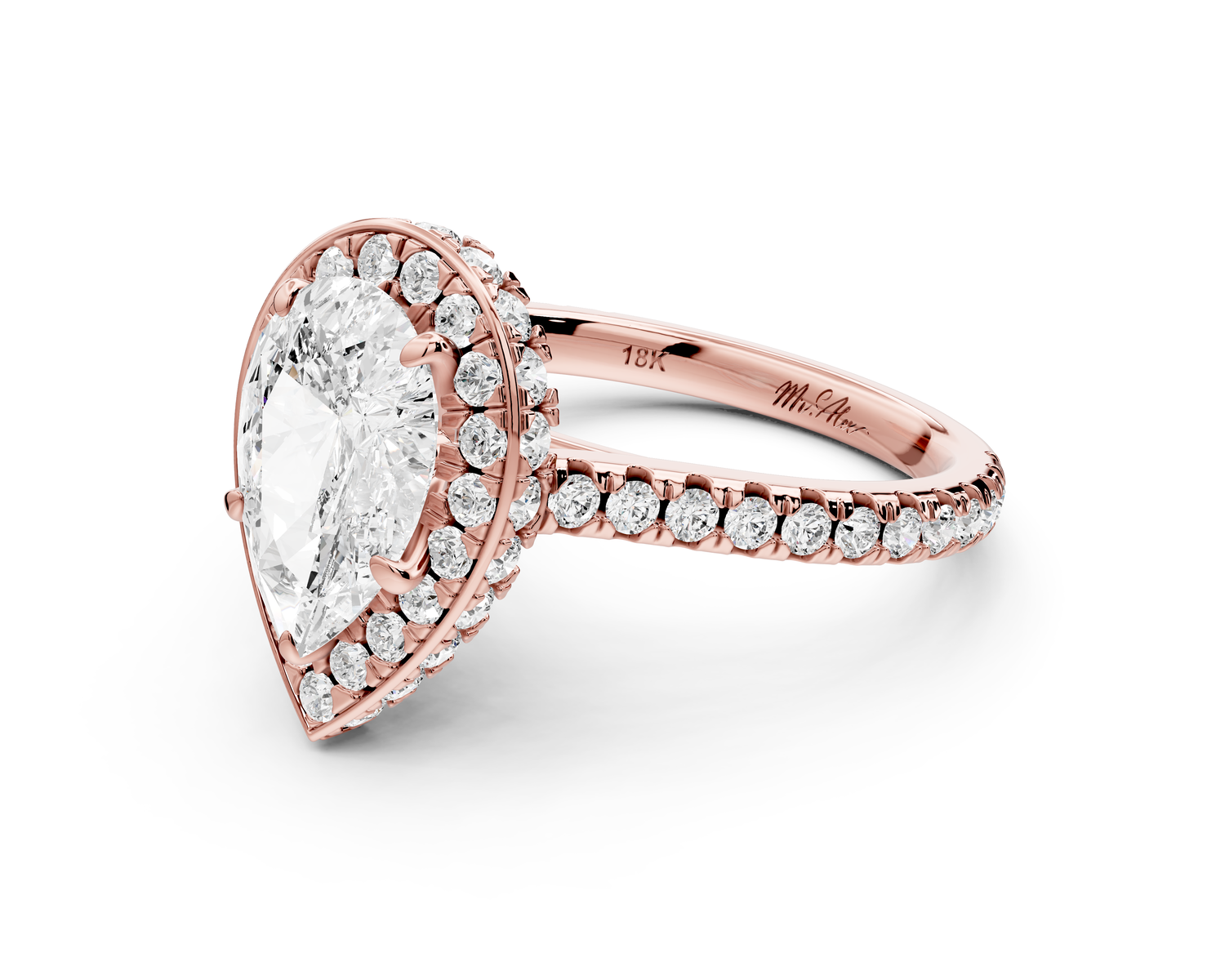 Beatrice - 2ct 14k rose gold pear stone in rollover halo with diamond bridge and pavé engagement ring