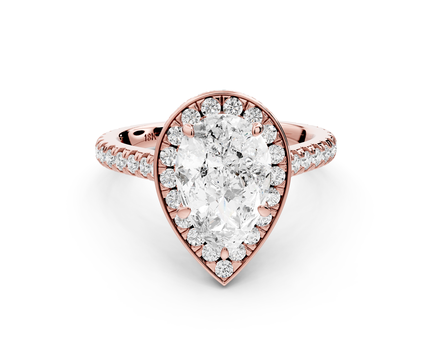 Beatrice - 2ct 14k rose gold pear stone in rollover halo with diamond bridge and pavé engagement ring