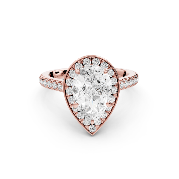 Beatrice - 2ct 14k rose gold pear stone in rollover halo with diamond bridge and pavé engagement ring