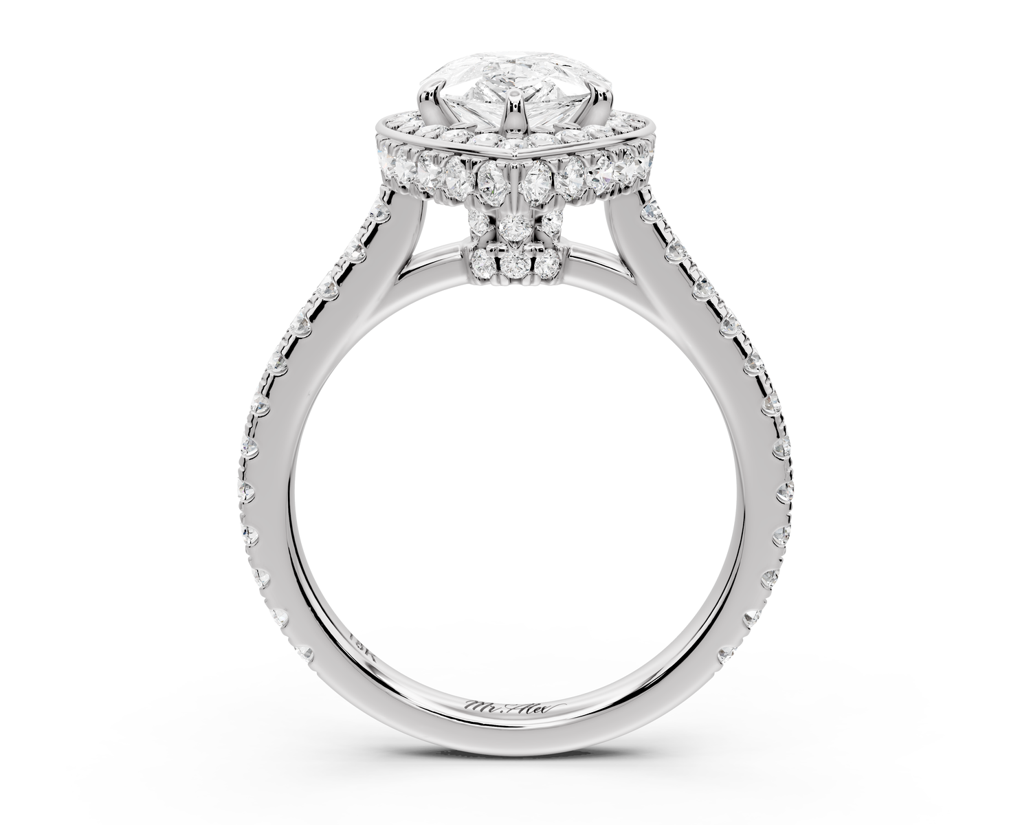 Beatrice - 2ct 14k white gold pear stone in rollover halo with diamond bridge and pavé engagement ring