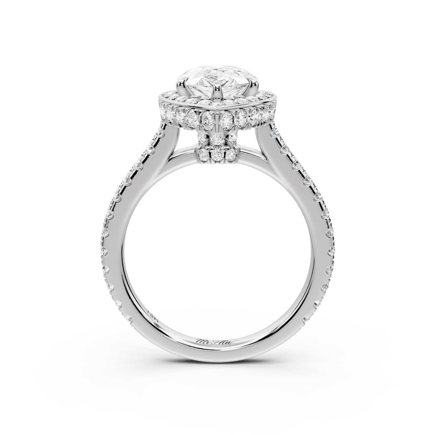 Beatrice - 2ct 14k white gold pear stone in rollover halo with diamond bridge and pavé engagement ring