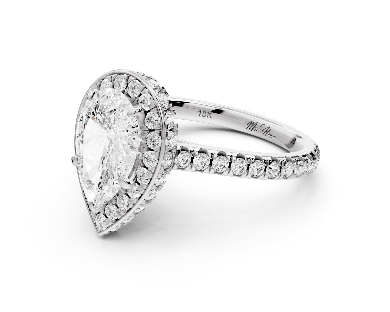 Beatrice - 2ct 14k white gold pear stone in rollover halo with diamond bridge and pavé engagement ring