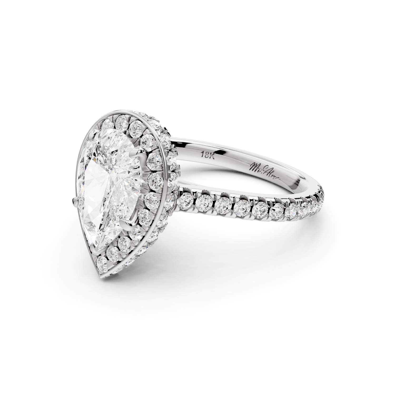 Beatrice - 2ct 14k white gold pear stone in rollover halo with diamond bridge and pavé engagement ring