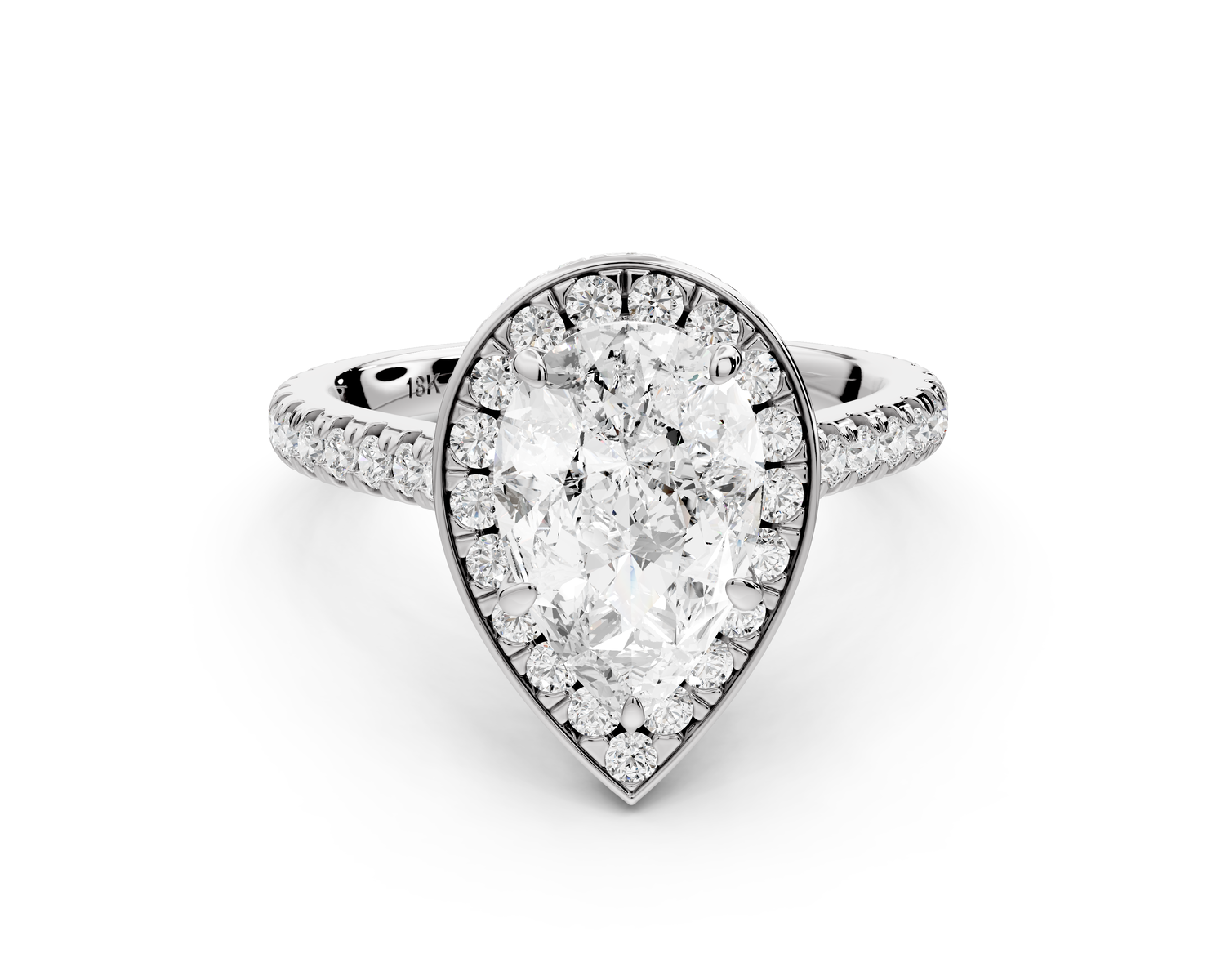 Beatrice - 2ct 14k white gold pear stone in rollover halo with diamond bridge and pavé engagement ring