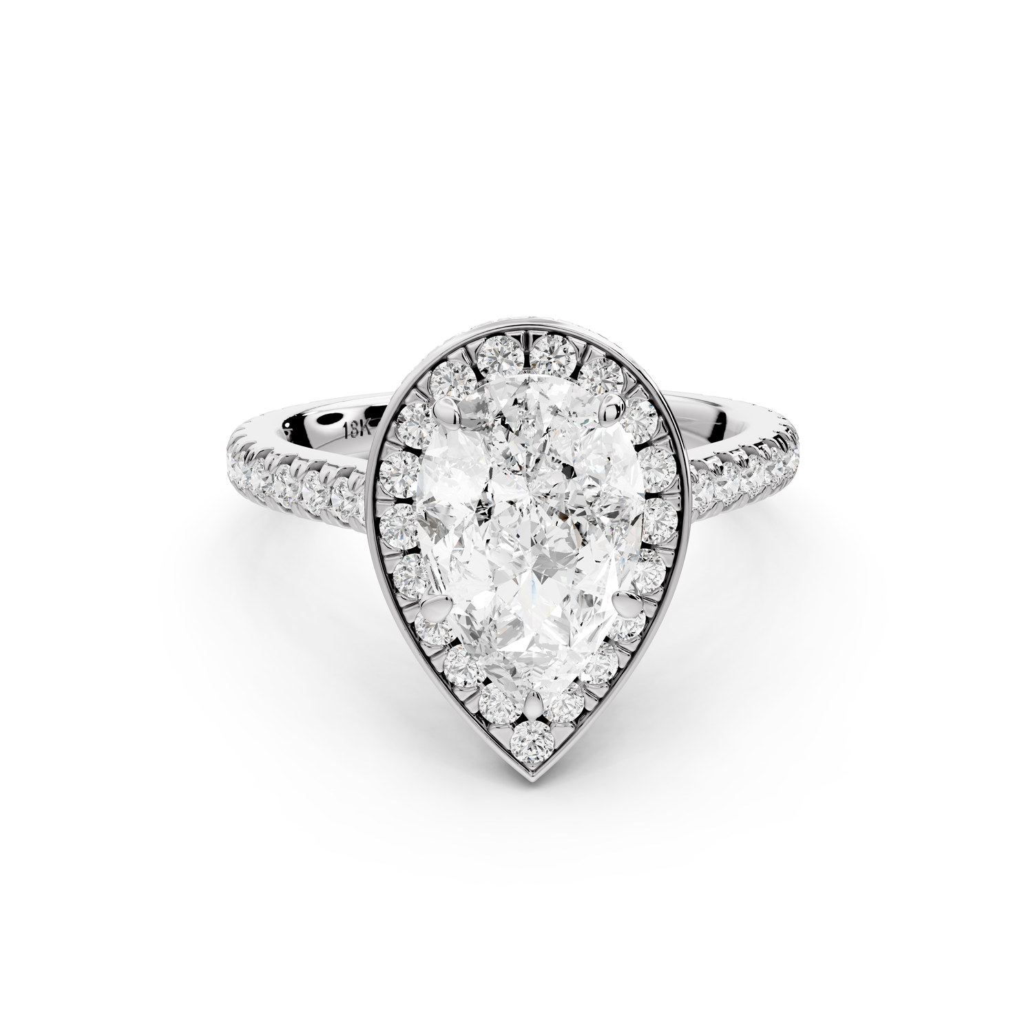 Beatrice - 2ct 14k white gold pear stone in rollover halo with diamond bridge and pavé engagement ring