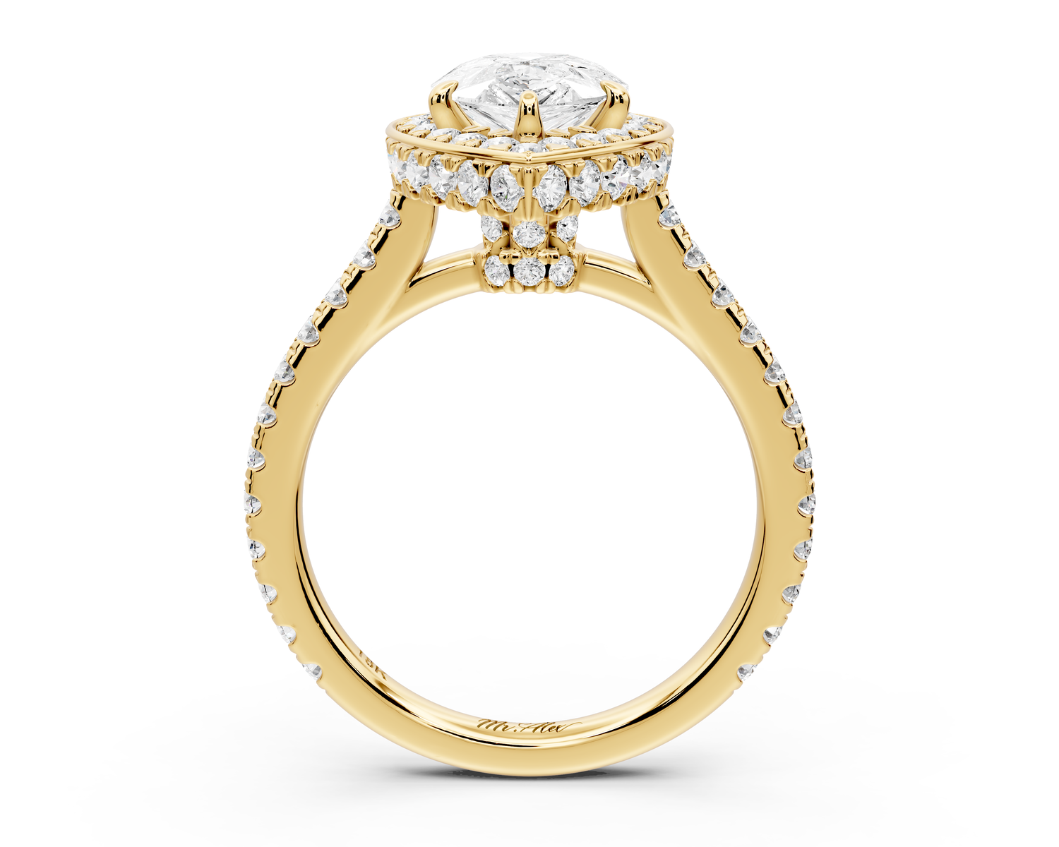 Beatrice - 2ct 14k yellow gold pear stone in rollover halo with diamond bridge and pavé engagement ring