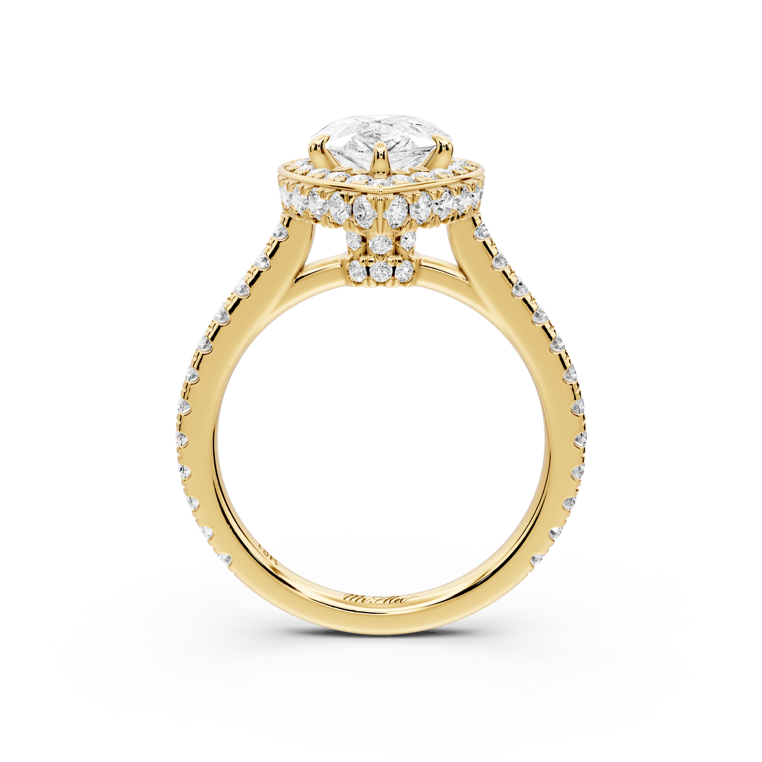 Beatrice - 2ct 14k yellow gold pear stone in rollover halo with diamond bridge and pavé engagement ring