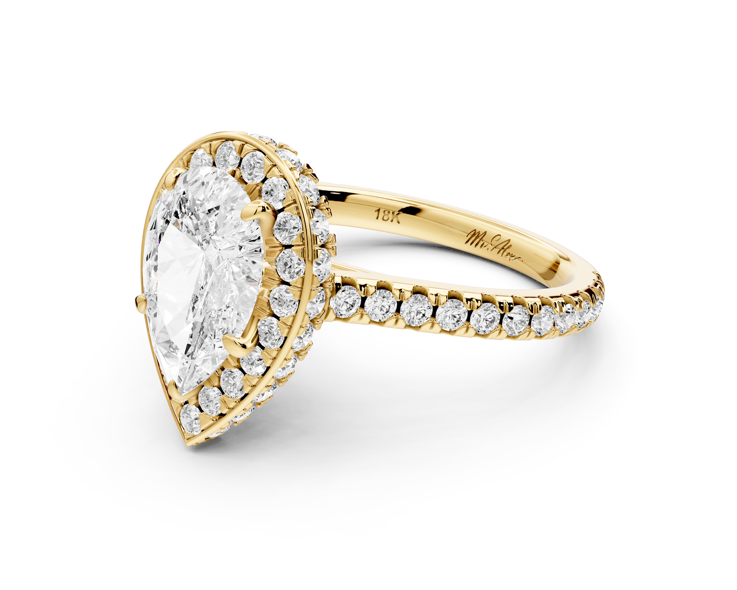 Beatrice - 2ct 14k yellow gold pear stone in rollover halo with diamond bridge and pavé engagement ring