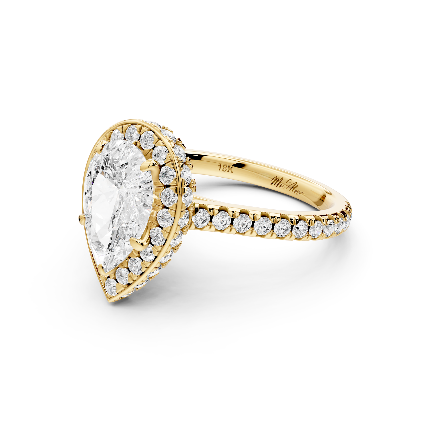 Beatrice - 2ct 14k yellow gold pear stone in rollover halo with diamond bridge and pavé engagement ring