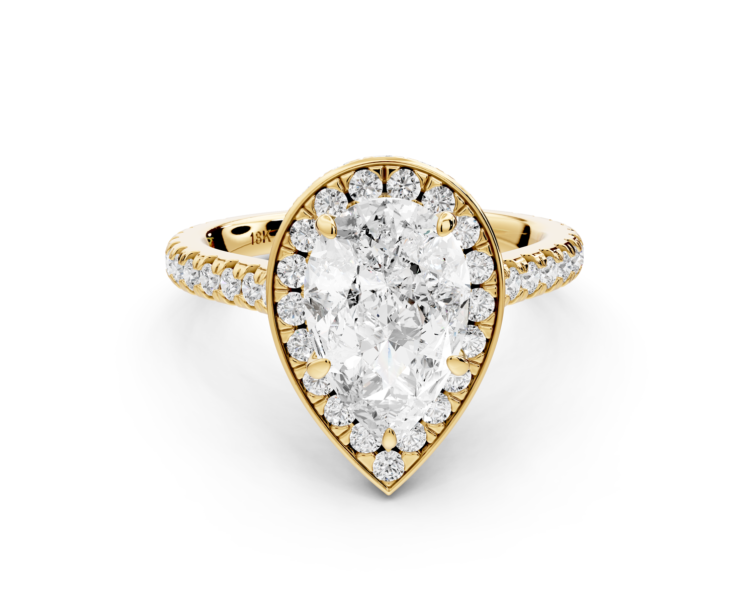 Beatrice - 2ct 14k yellow gold pear stone in rollover halo with diamond bridge and pavé engagement ring