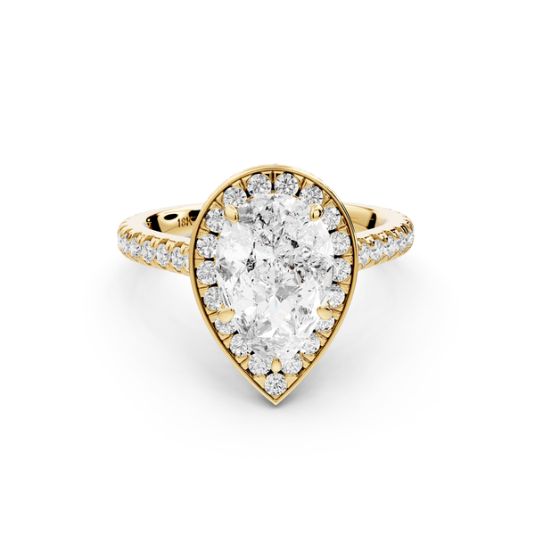 Beatrice - 2ct 14k yellow gold pear stone in rollover halo with diamond bridge and pavé engagement ring