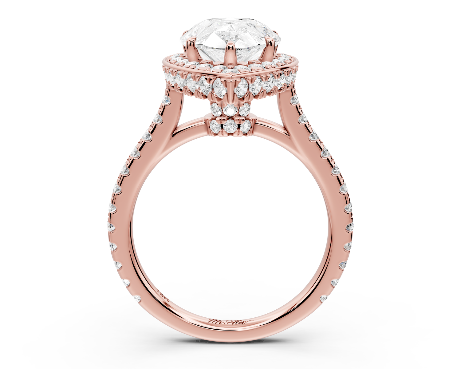 Beatrice - 3ct 14k rose gold pear stone in rollover halo with diamond bridge and pavé engagement ring